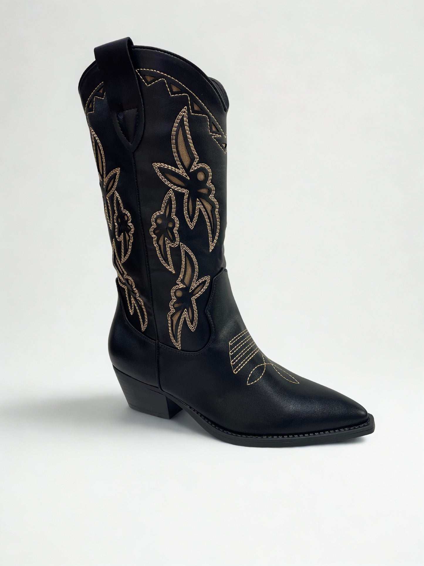 BOTA COWBOY BORDADO BEIGE NEGRO