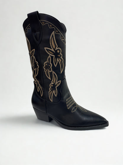 BOTA COWBOY BORDADO BEIGE NEGRO