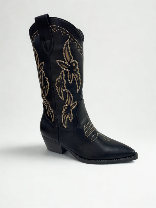 BOTA COWBOY BORDADO BEIGE NEGRO