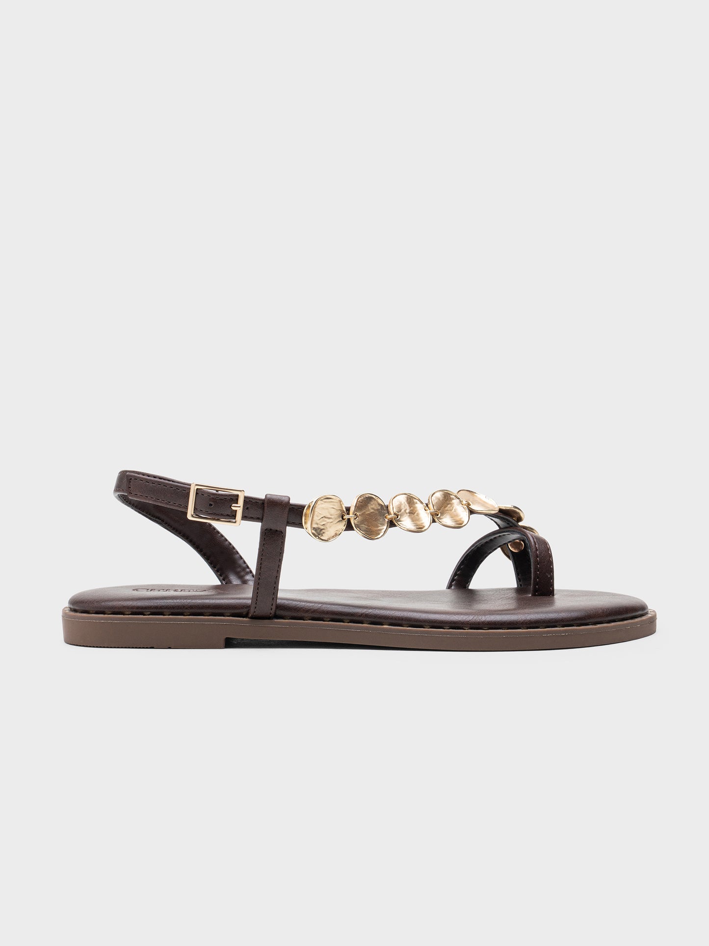 SANDALIA PLANA MONEDAS TACHUELAS COFFEE