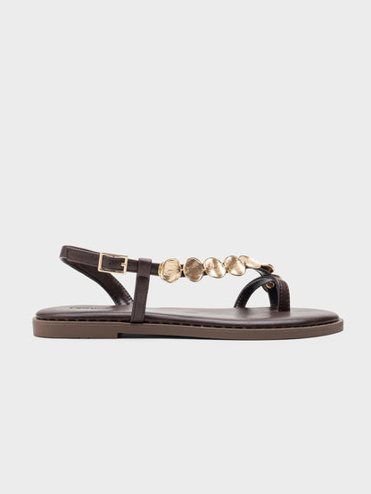 SANDALIA PLANA MONEDAS TACHUELAS COFFEE