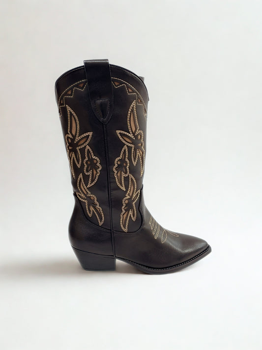 BOTA COWBOY BORDADO BEIGE NEGRO