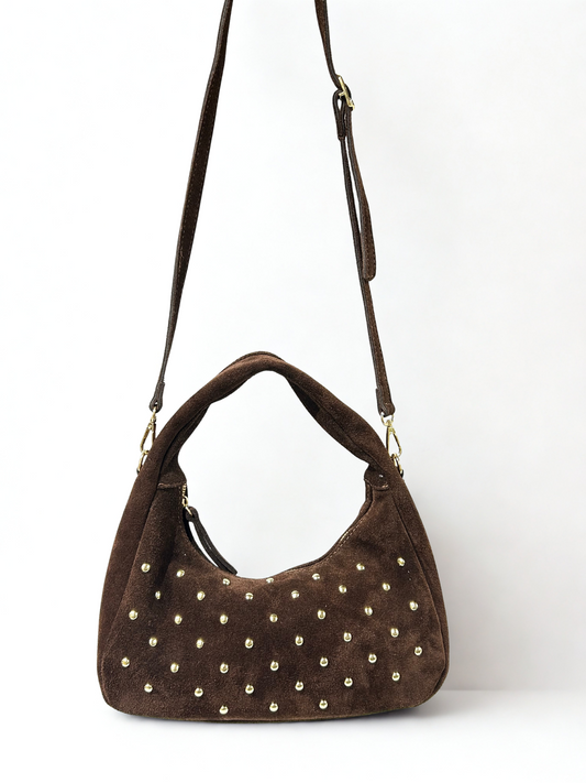 BOLSO DE MANO PIEL TACHUELAS BROWN