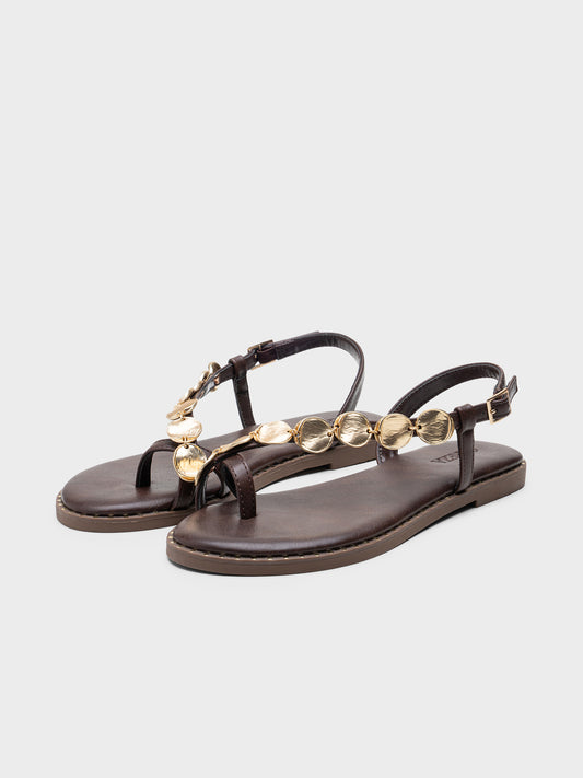 SANDALIA PLANA MONEDAS TACHUELAS COFFEE
