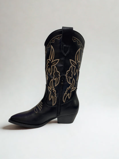 BOTA COWBOY BORDADO BEIGE NEGRO