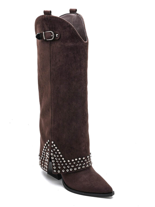 BOTA TERESA ALTA POLAINA TACHUELAS CHOCOLATE